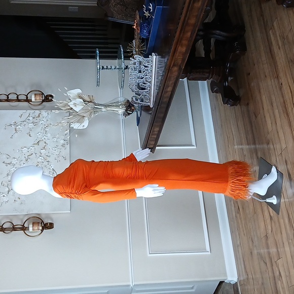 Women's Orange Off-Shoulder Furry Hem Maxi Dress. Size S - Picture 4 of 17